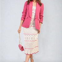 Pink ruched-sleeve blazer jacket with open front and front pockets, full outfit view