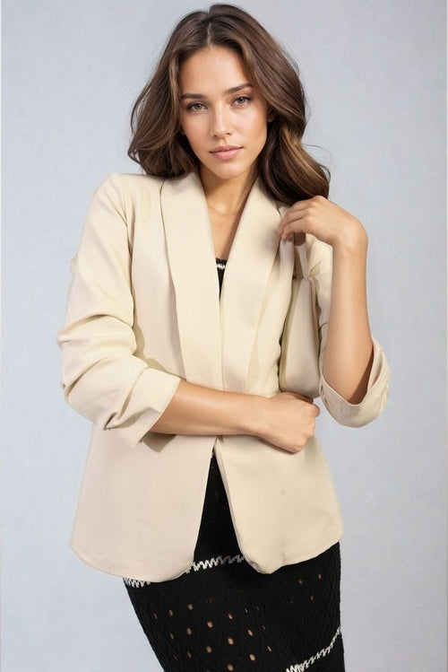 Cream ruched-sleeve open-front blazer jacket with front pockets