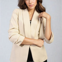 Cream ruched-sleeve open-front blazer jacket with front pockets
