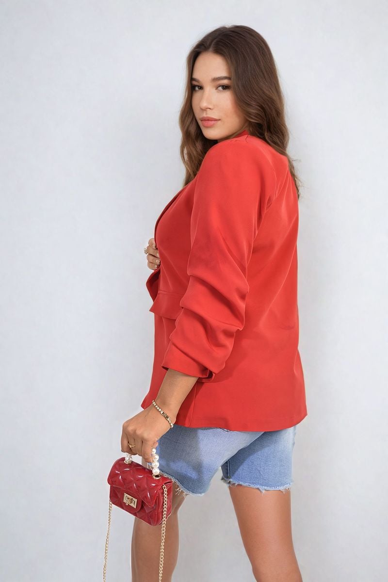 Red ruched-sleeve open-front blazer with front pocket