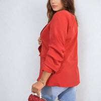 Red ruched-sleeve open-front blazer with front pocket