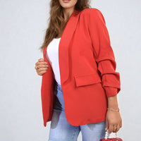 Red ruched-sleeve open-front blazer with flap front pocket, side view