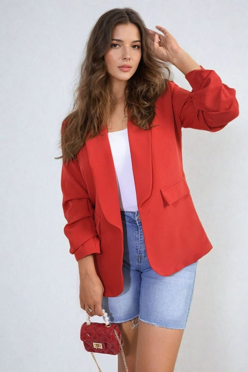 Red ruched-sleeve open-front blazer with front pockets and draped sleeves