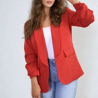 Red ruched-sleeve open-front blazer with front pockets and draped sleeves