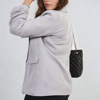 Light grey ruched-sleeve open-front blazer jacket with front pockets