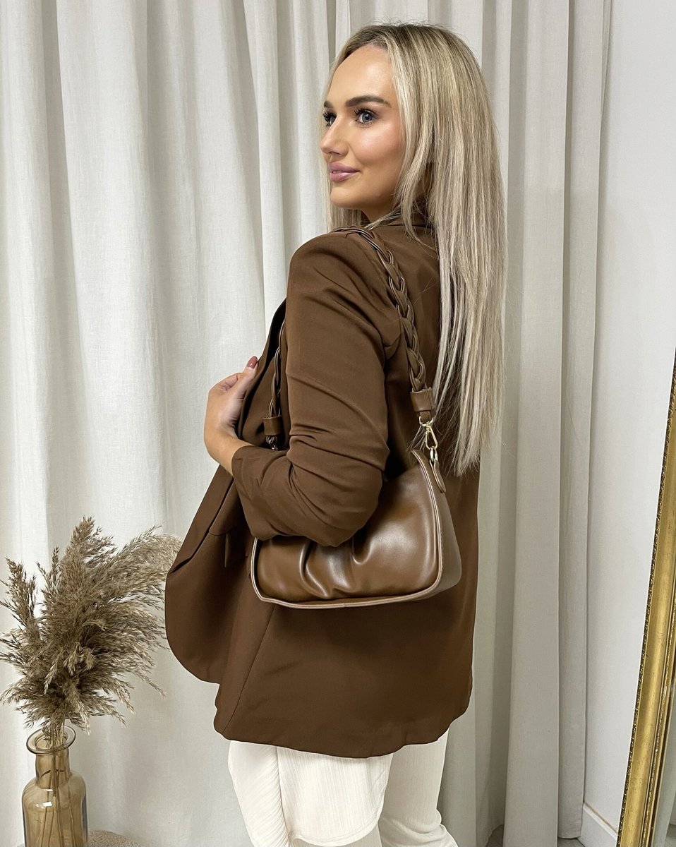 Brown open front blazer jacket with ruched sleeves and front pocket detail