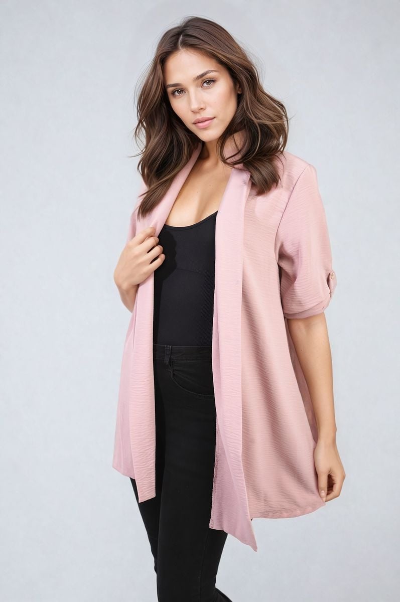 Soft pink open-front cardigan with short sleeves and layered drape front