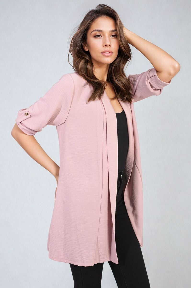Rose pink open-front cardigan with short puff sleeves and draped hem