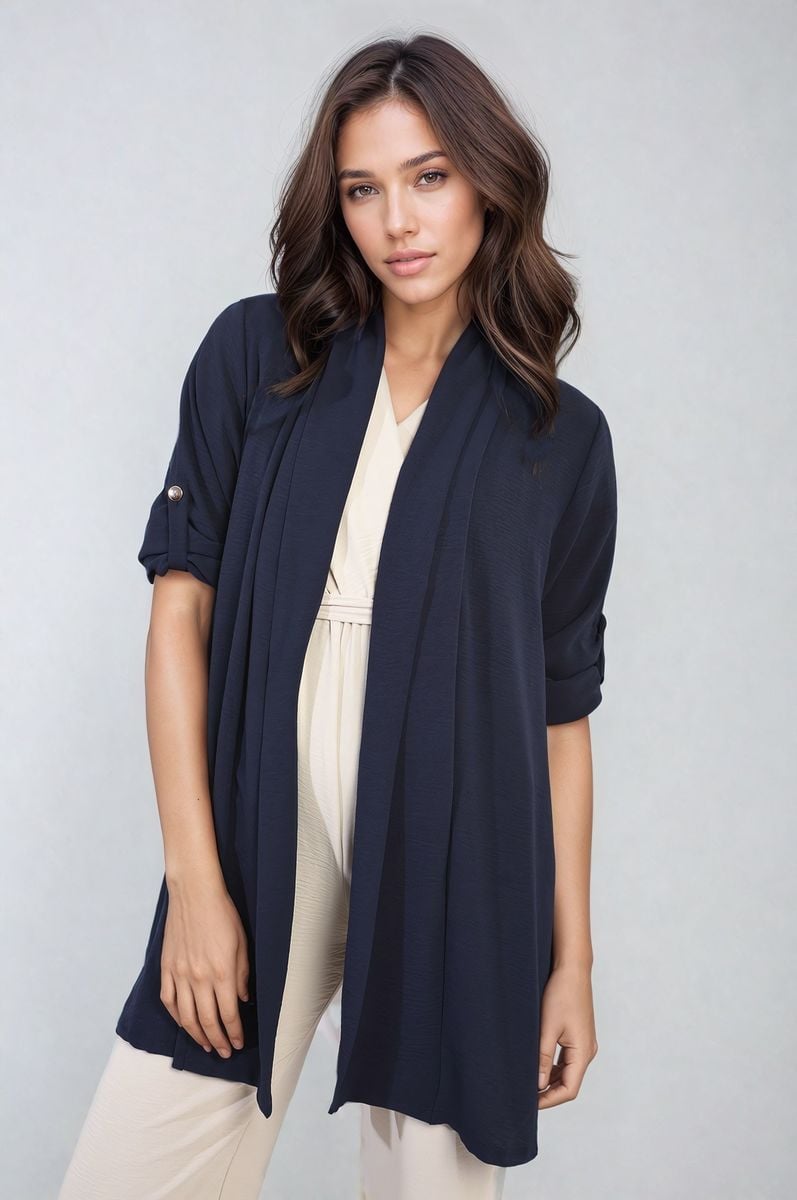 Navy open-front cardigan with rolled sleeves and small cuff button