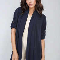 Navy open-front cardigan with rolled sleeves and small cuff button