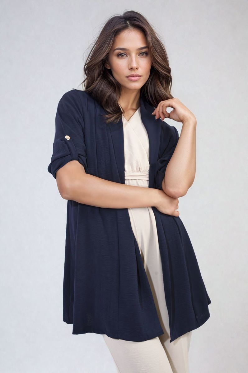 Navy open-front cardigan with short roll sleeves and buttoned cuff