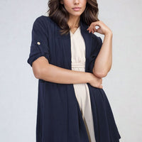 Navy open-front cardigan with short roll sleeves and buttoned cuff