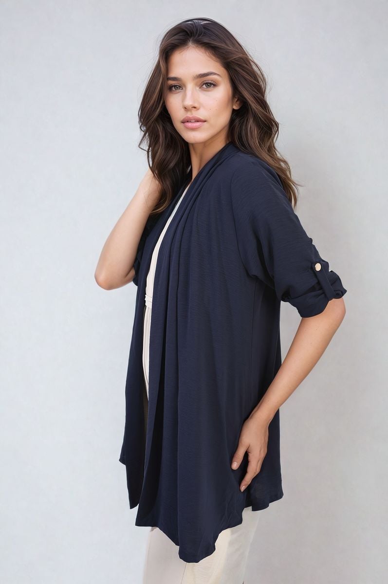 Dark navy open-front cardigan with rolled short sleeves and button detail