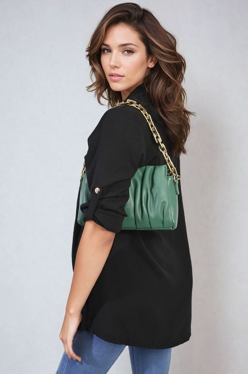 Black open-front cardigan with elbow-length sleeves and draped front, side pockets