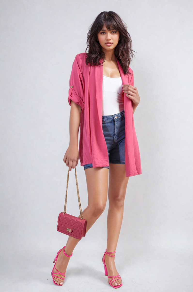 Open-front pink cardigan with rolled sleeves and relaxed, draped shape