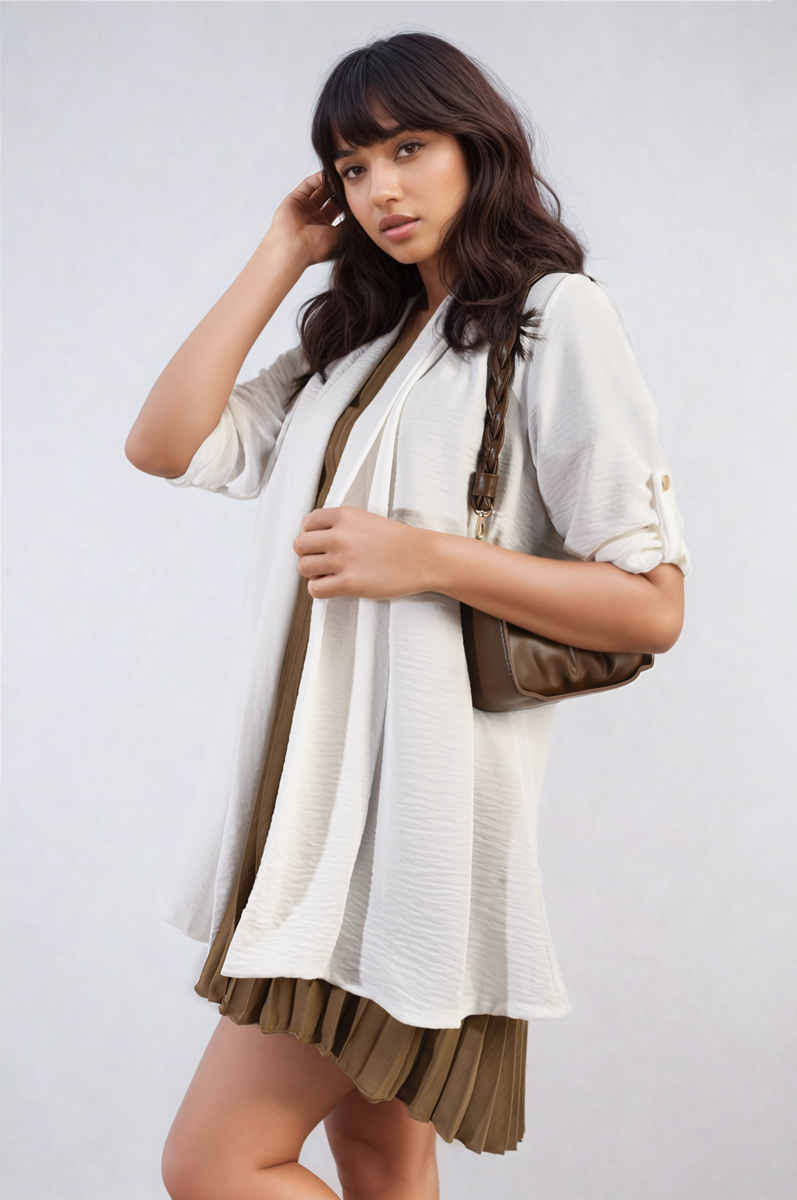Light white open-front cardigan with rolled sleeves and soft draped design