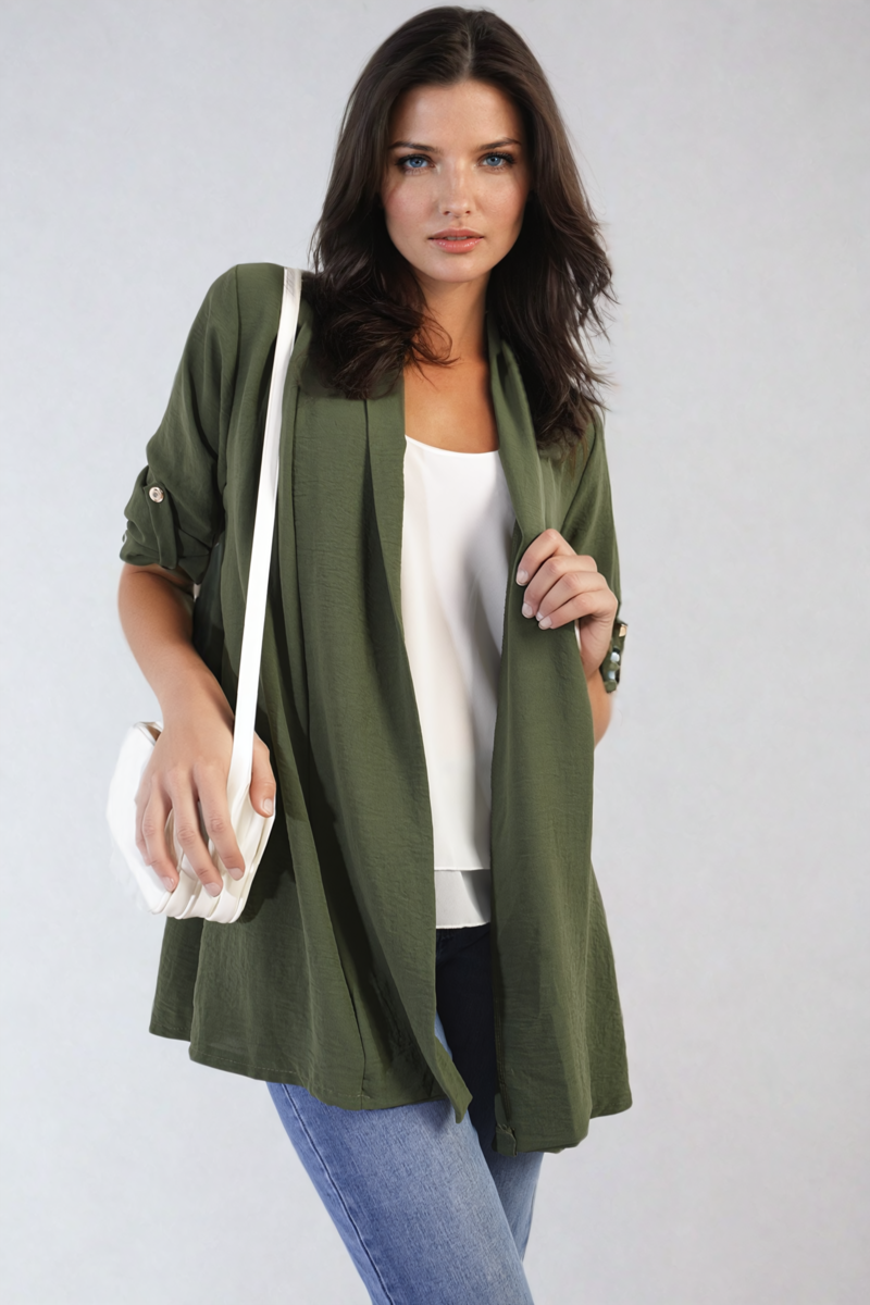 Open-front cardigan in olive green with rolled sleeves and draped fall