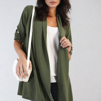Open-front cardigan in olive green with rolled sleeves and draped fall