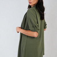 Open-front olive green cardigan with elbow-length rolled sleeves and side pockets