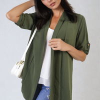 Olive green open-front cardigan with roll-up sleeves, side drape