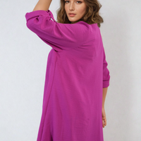 Magenta open-front cardigan with elbow-length roll sleeves and draped hem
