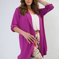 Magenta open-front cardigan with rolled short sleeves and side button detail