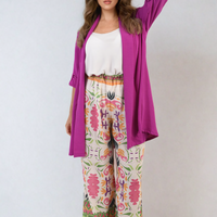 Magenta open-front cardigan with three-quarter sleeves and relaxed fit