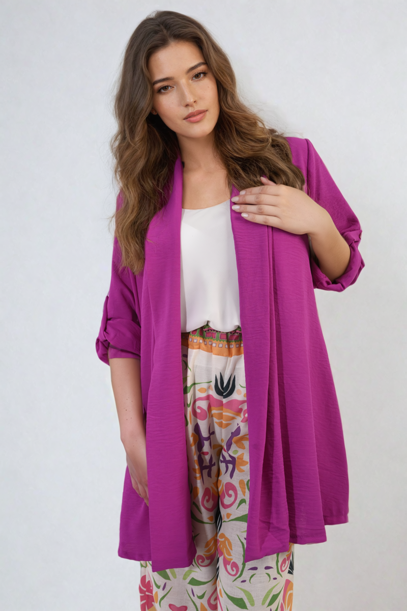Purple open-front cardigan with three-quarter sleeves and draped front