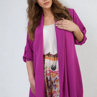 Purple open-front cardigan with three-quarter sleeves and draped front