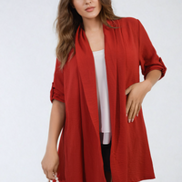Red open-front cardigan with rolled sleeves and loose draped front panel