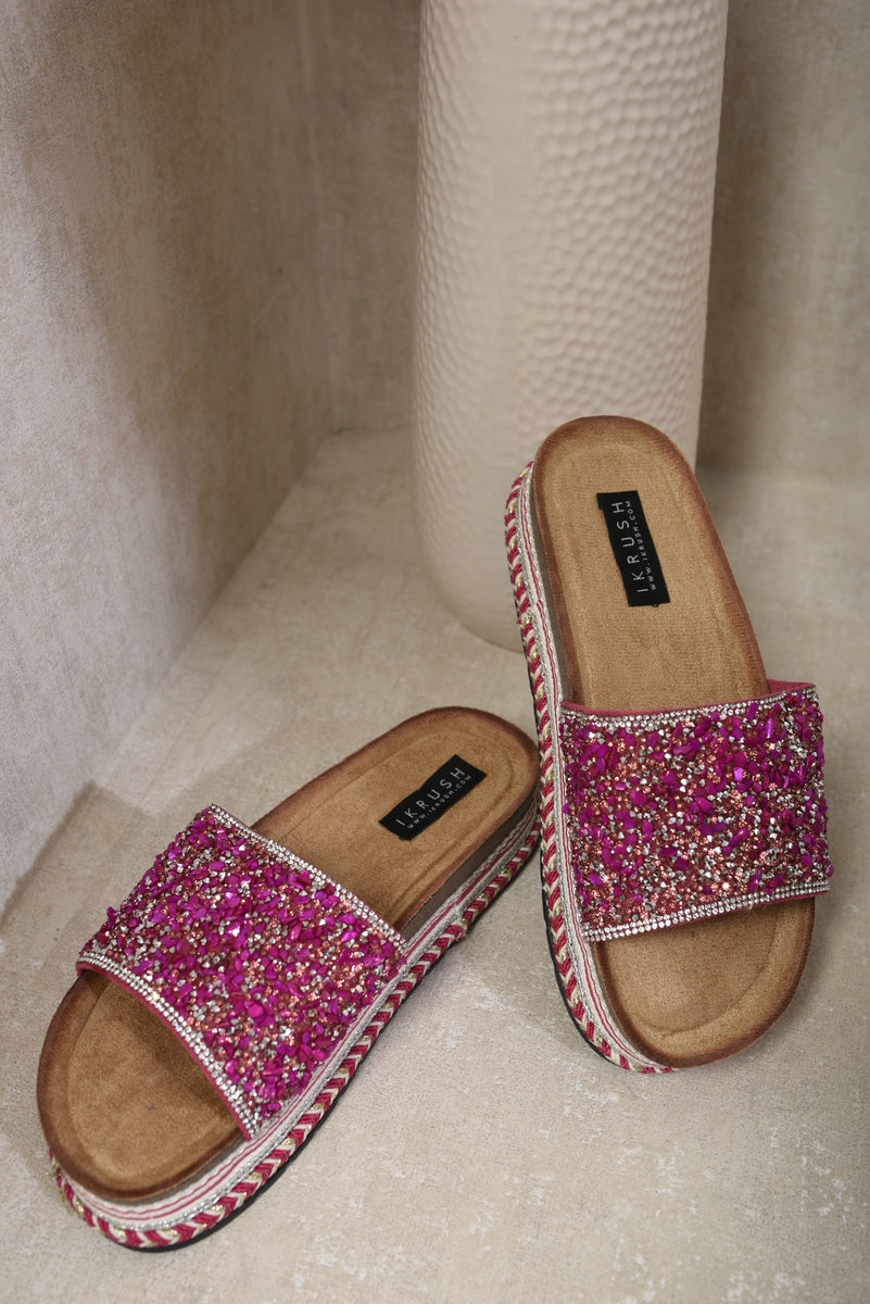 Fuchsia stone-embellished platform slide sandals with braided edge trim, tan footbed