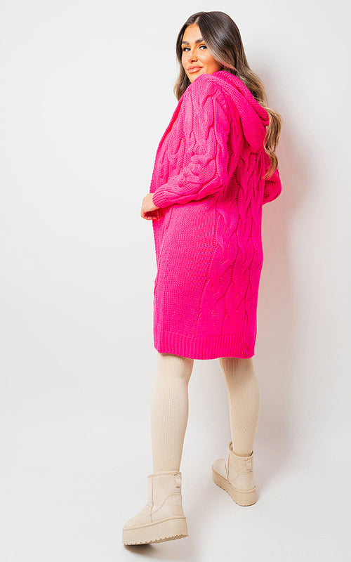 Hooded Cardigan in Fuchsia with Chunky Cable Knit