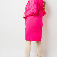 Hooded Cardigan in Fuchsia with Chunky Cable Knit
