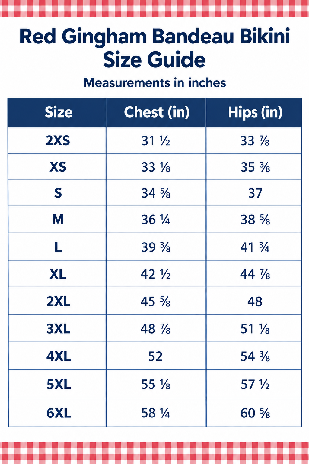 Red gingham bandeau bikini size chart with chest and hip measurement table