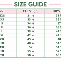 Size guide chart with chest (in) and hips (in) measurements by size