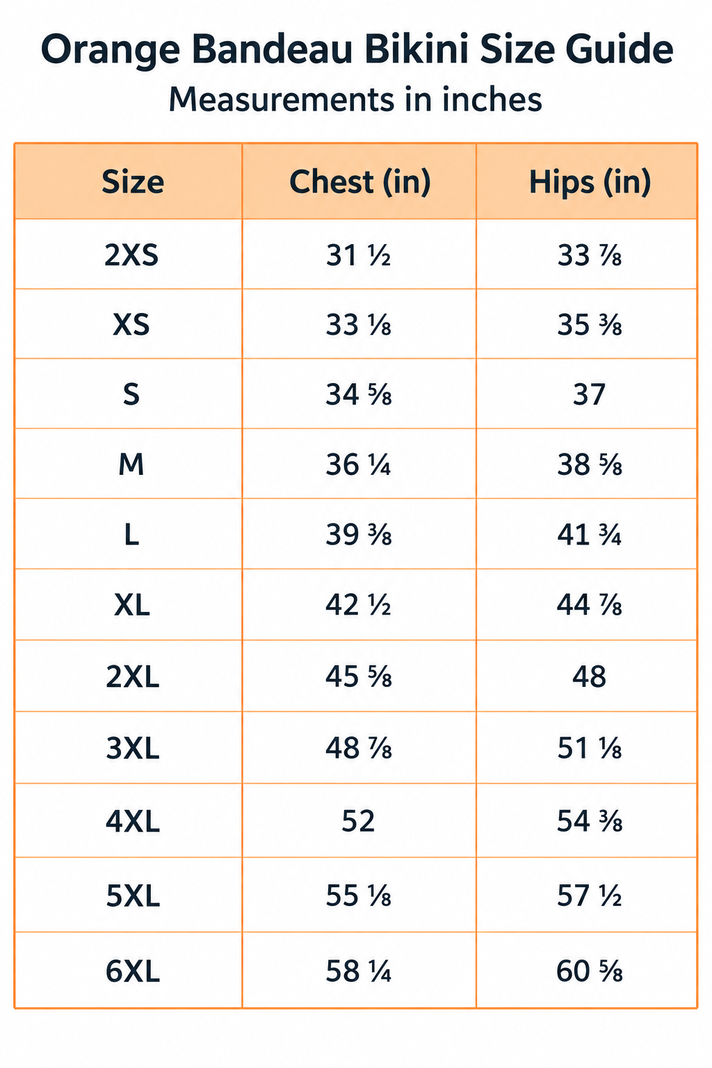 Orange bandeau bikini size guide chart with chest and hips measurements in inches