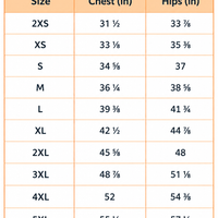 Orange bandeau bikini size guide chart with chest and hips measurements in inches