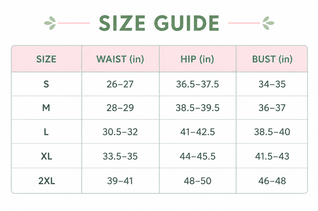 Swim dress size guide table with waist, hip, and bust measurements