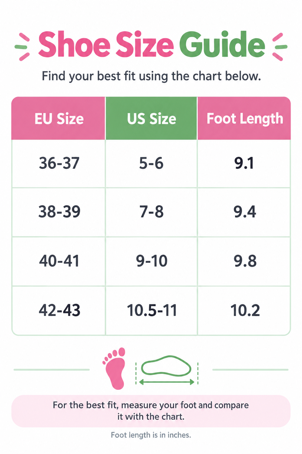 Shoe size guide chart with EU size, US size, and foot length measurements