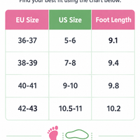 Shoe size guide chart with EU size, US size, and foot length measurements