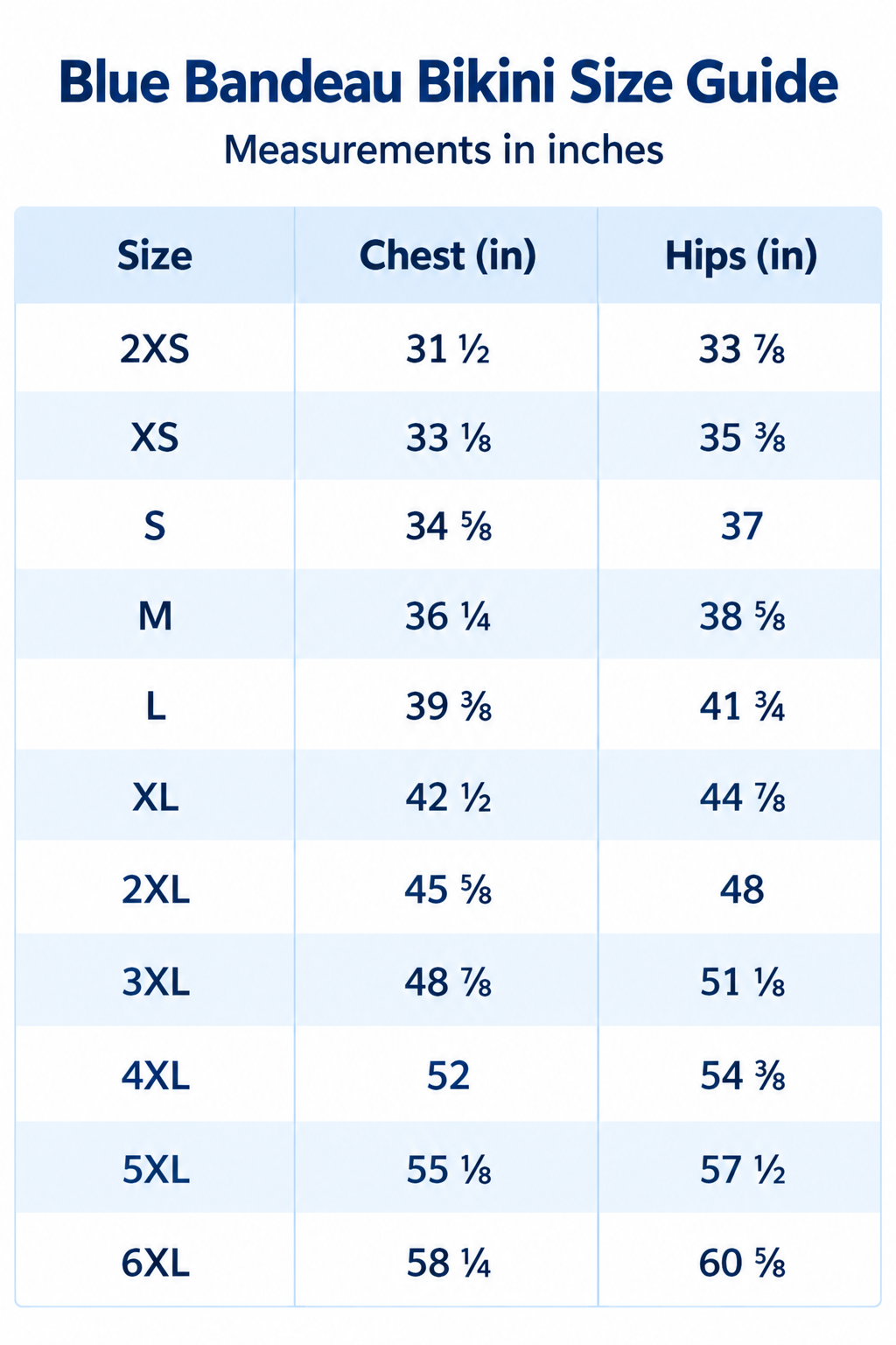 Bandeau bikini size chart table with chest and hip measurements