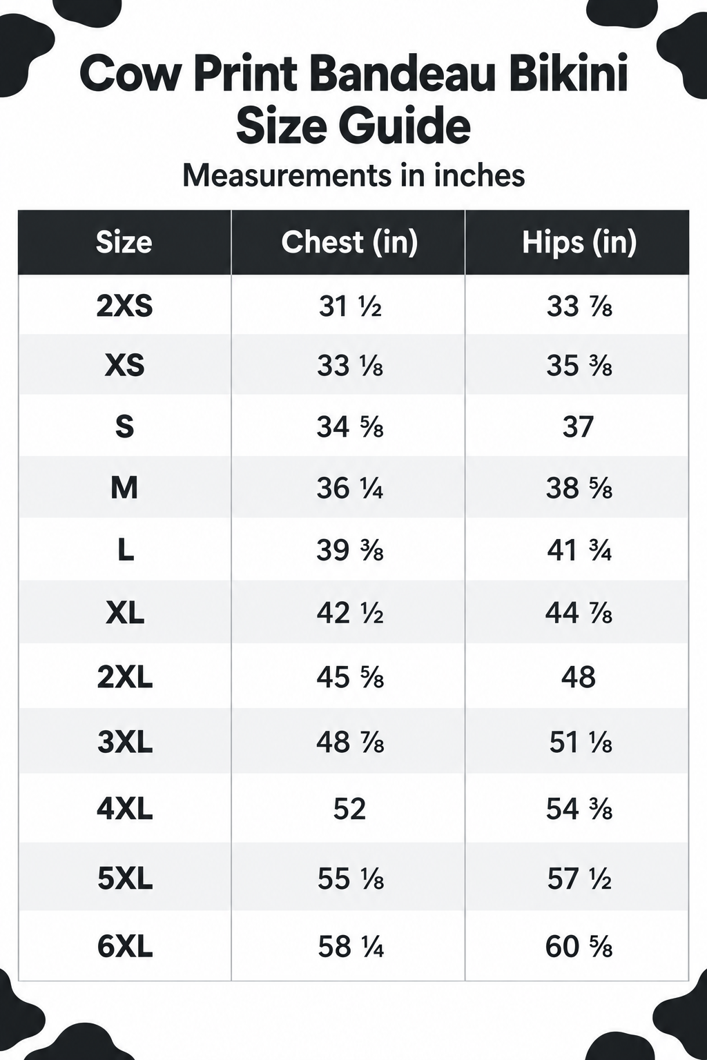 Bandeau bikini set size guide chart with chest and hip measurements