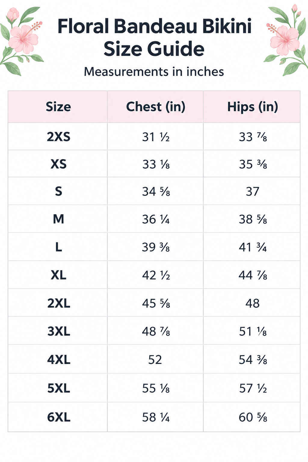 Floral bandeau bikini set size chart with chest and hip measurements