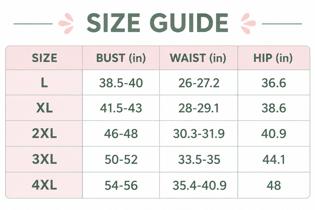 Plus-size swim set size guide chart with bust, waist, and hip measurements
