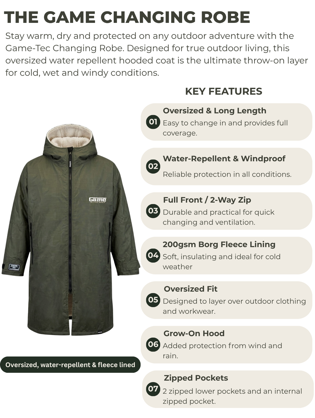 Olive changing robe with hood, front zip, long sleeves and cream fleece lining