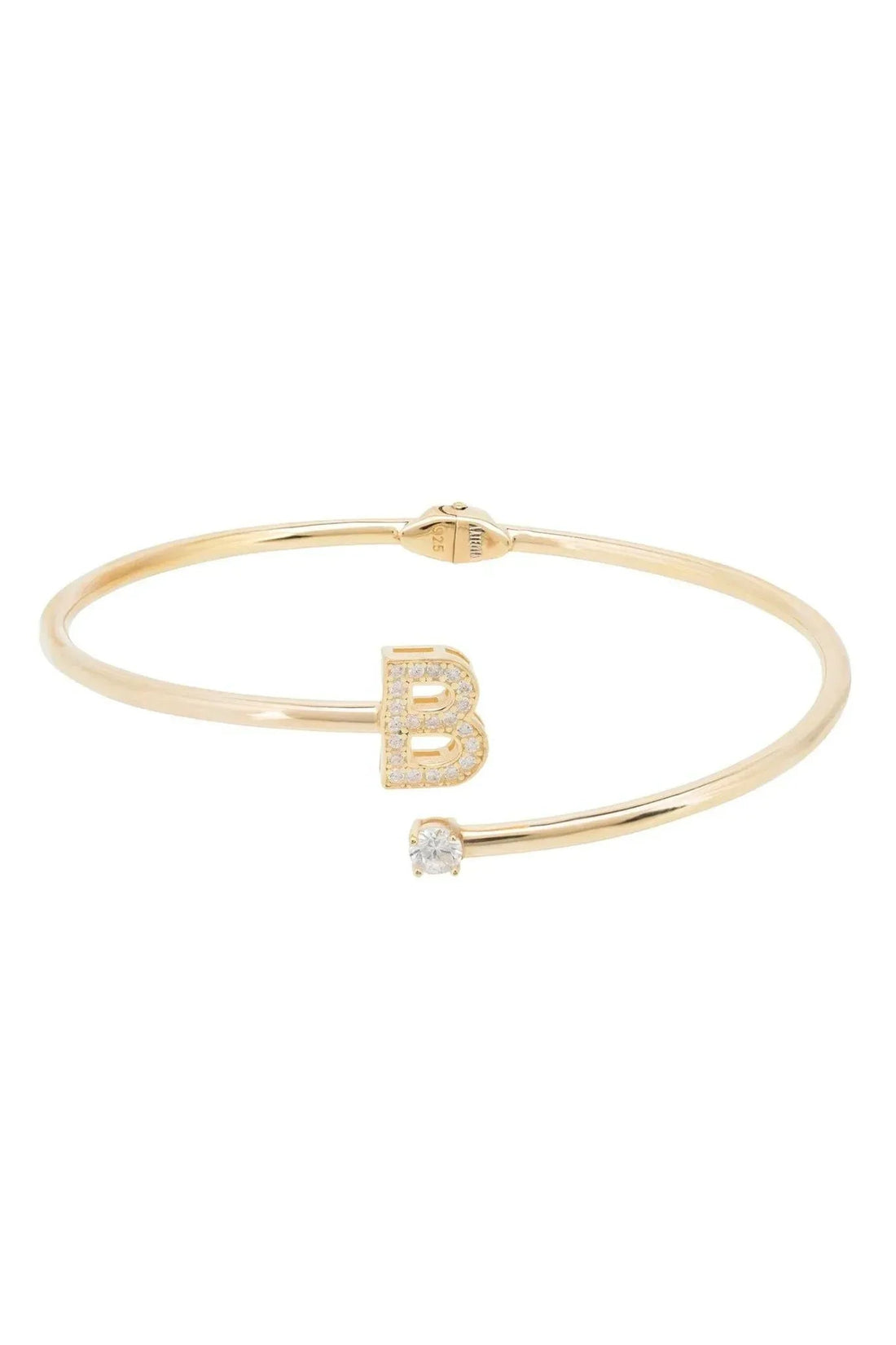 Gold-tone open bangle bracelet with dangling crystal charms and initial B