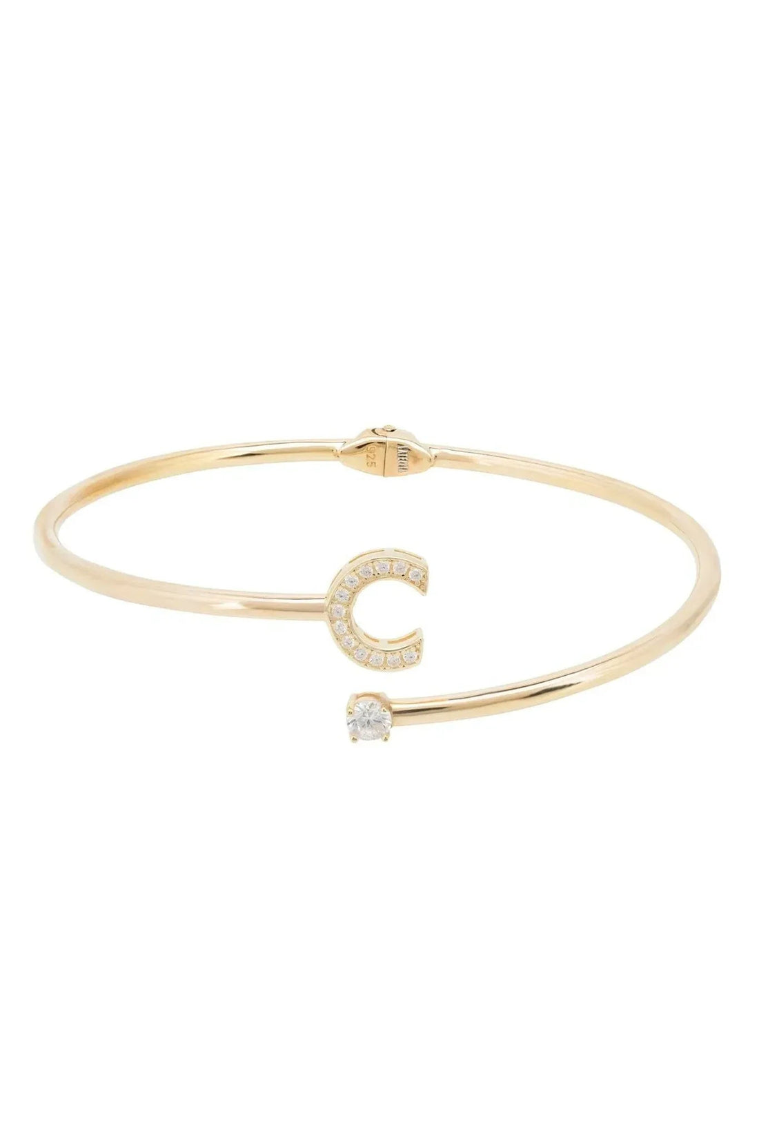 Gold initial C bangle bracelet with pavé crystals and open wrap design