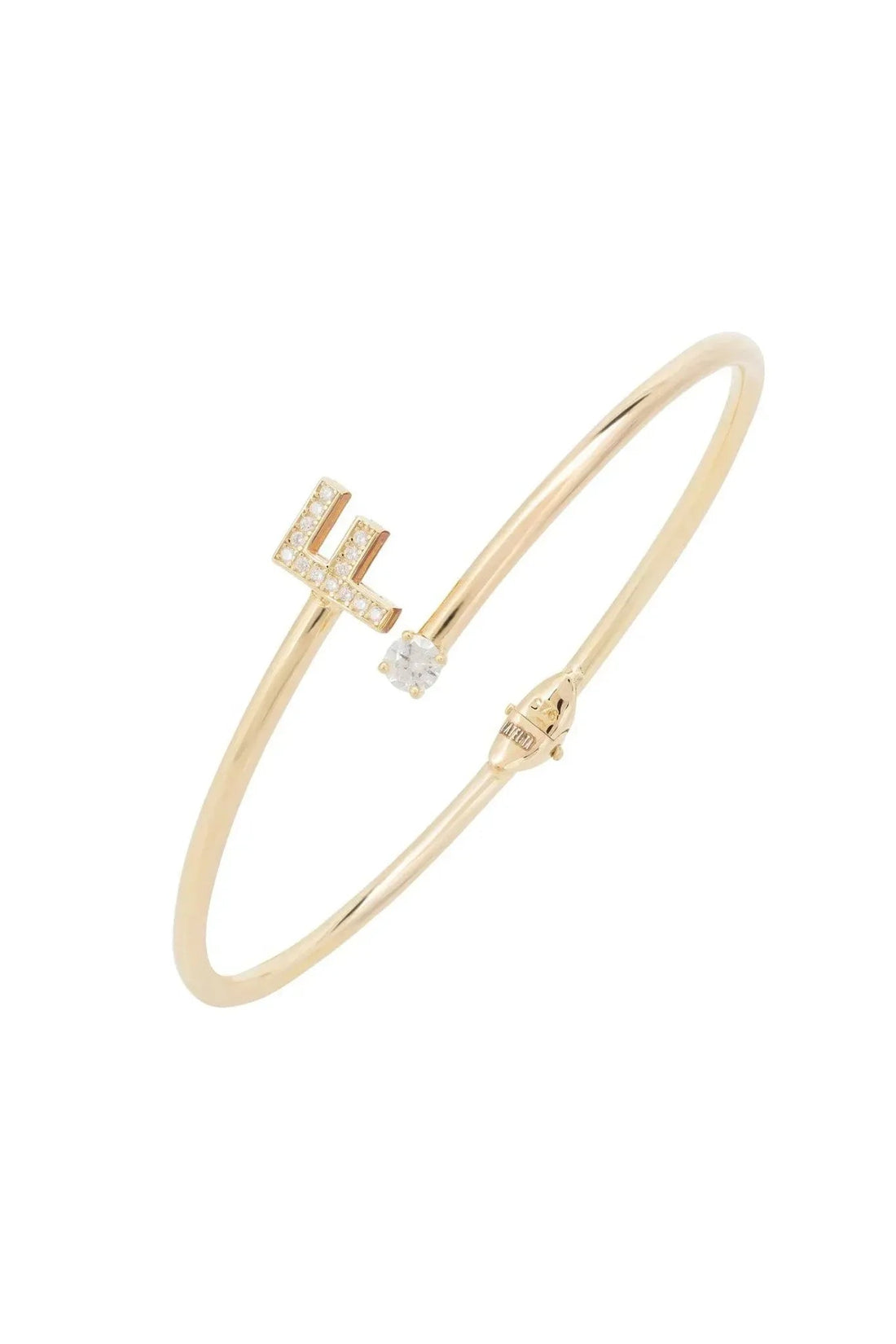 Gold initial F bangle with crystal cross charm and round stone accents