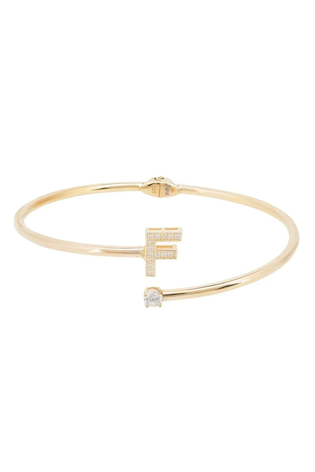 Gold initial F bangle with crystal baguette and round stone cross detail