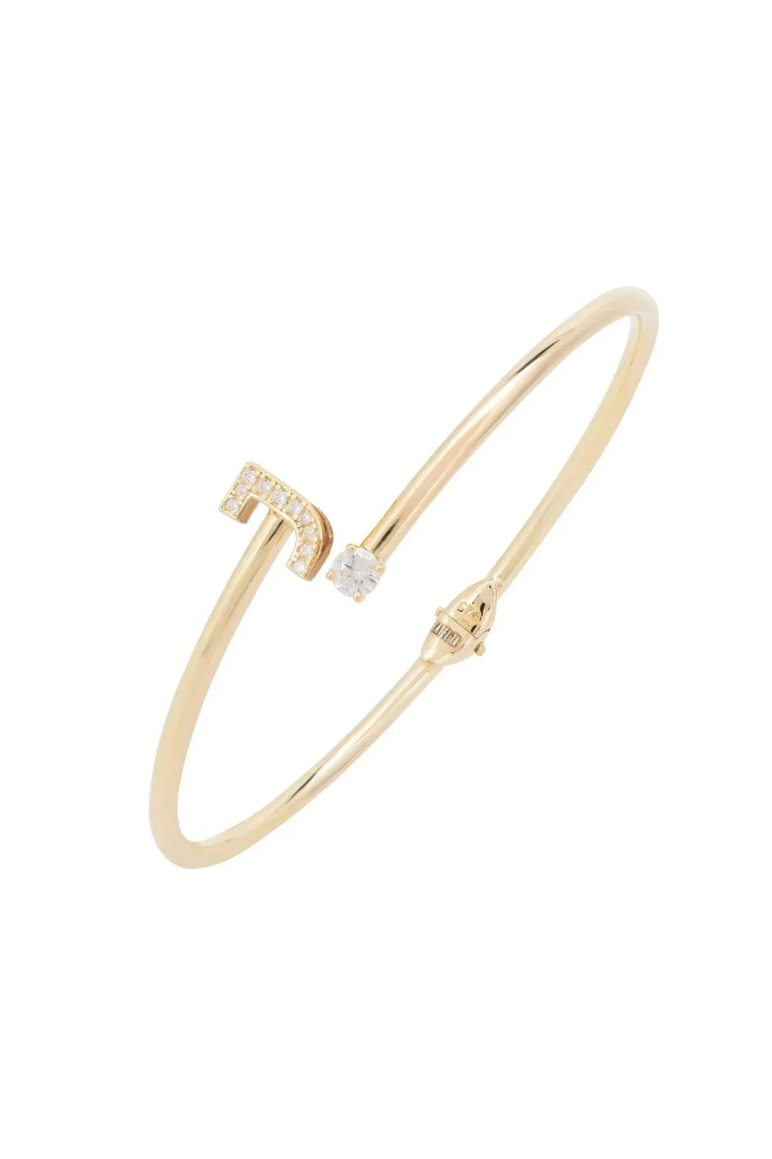 Gold bangle bracelet with J initial and small clear stone